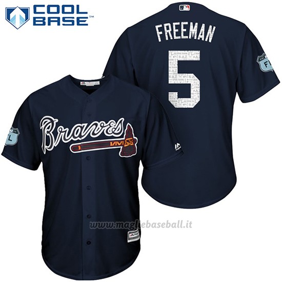 Maglia Baseball Uomo Atlanta Braves 5 Frojodie Freeman Blu 2017 Allenamento Primaverile Cool Base